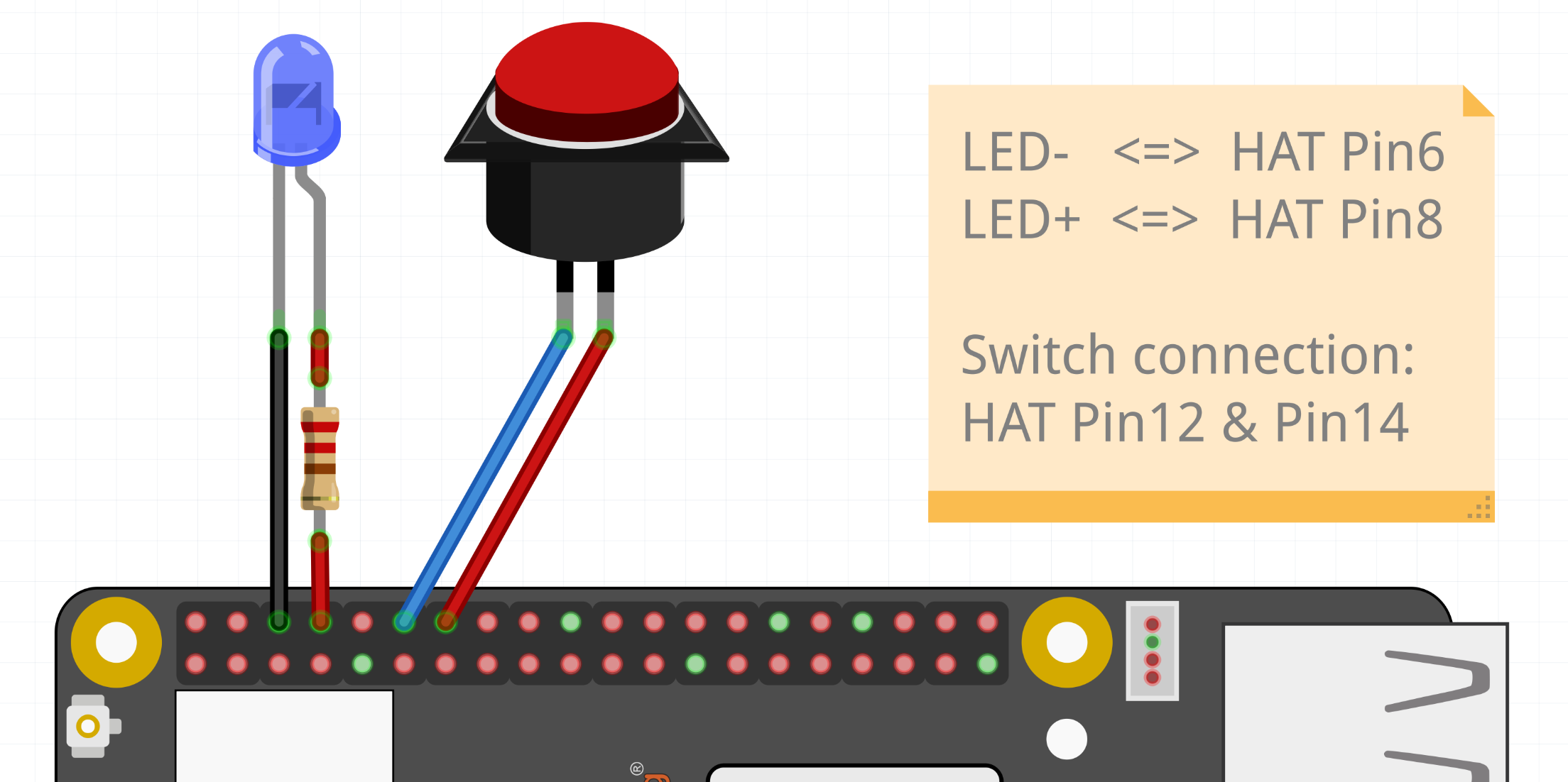 Button connected to HAT Pin12 & LED connected to HAT Pin8